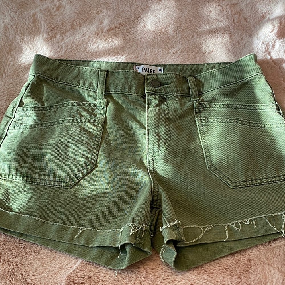 PAIGE Olive Green Frayed Hem Denim Shorts